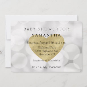 Dreamy White Bokeh Gold Heart baby shower Invitation