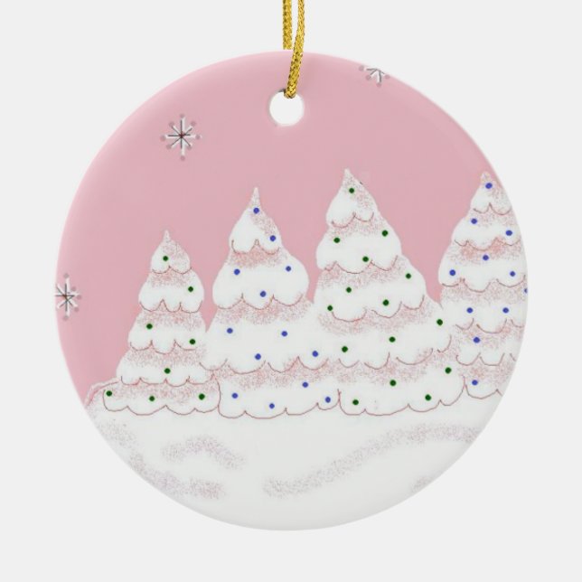 Dreamy White Christmas Trees Ceramic Ornament (Front)
