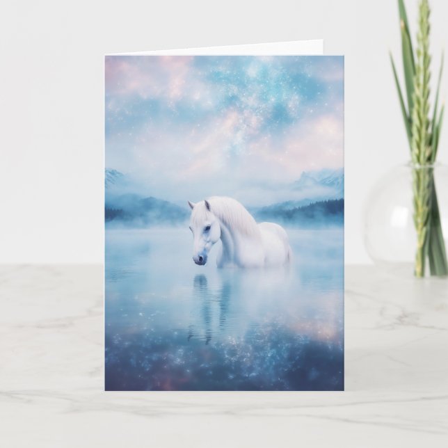 Dreamy White Horse Beneath the Cosmic Sky Card (Front)