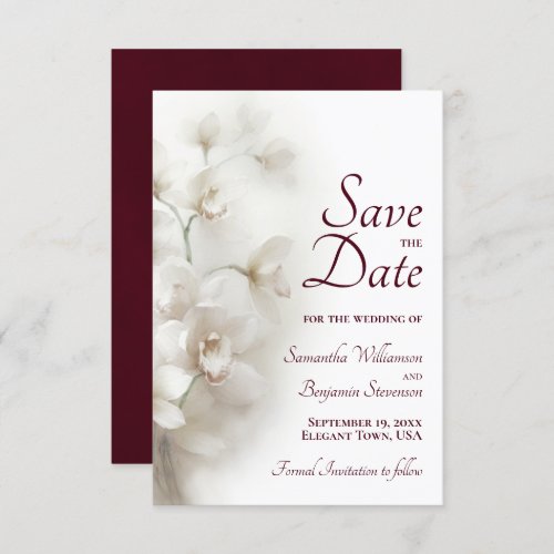 Dreamy White Orchids Burgundy Text Wedding Save The Date