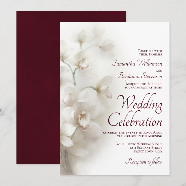 Dreamy White Orchids Elegant Burgundy Wedding Invitation (Front/Back)