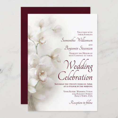 Dreamy White Orchids Elegant Burgundy Wedding Invitation