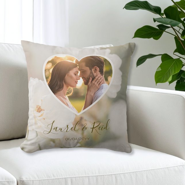 Dreamy White Rose Couple In A Heart Photo Wedding Throw Pillow (Creator Uploaded)
