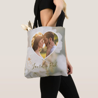 Dreamy White Rose Custom Photo Wedding Names Tote Bag