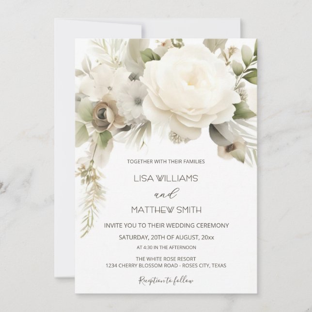 Dreamy White Rose Photo Wedding Invitation (Front)