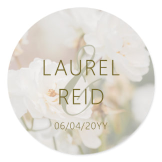Dreamy White Rose Photo With Names Elegant Wedding Classic Round Sticker