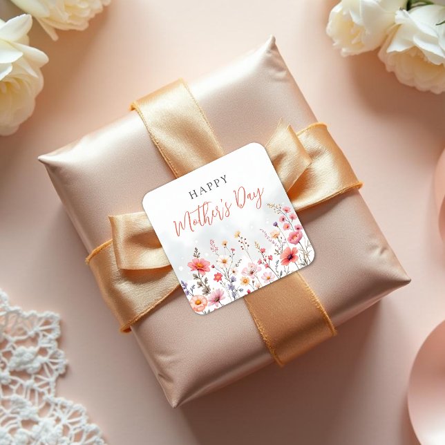 Dreamy Wildflower Happy Mothers Day Garden Floral Square Sticker (Dreamy Spring Wildflower Garden Floral Watercolor Effect Happy Mothers Day Celebration Stickers.)