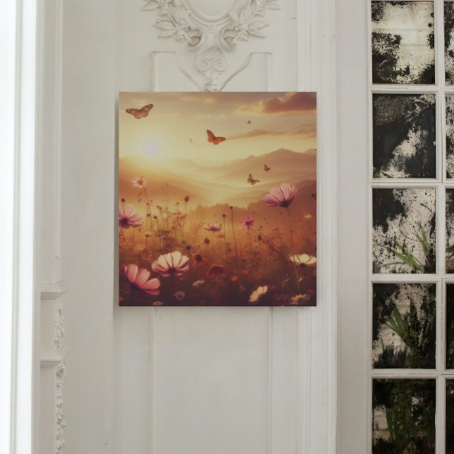 Dreamy Wildflower Meadow in Golden Light –  Metal Print (Sun-kissed poppy field. Tranquil butterfly flight art. #WildflowerArt #SereneScene)