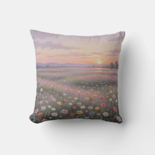 Dreamy Wildflower Meadow Sunset Pastel Landscape Throw Pillow