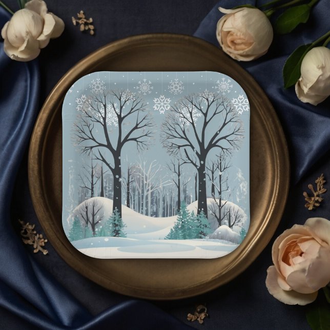 Dreamy Winter Forest Snowflakes Baby Shower Paper Plates (Creator Uploaded)