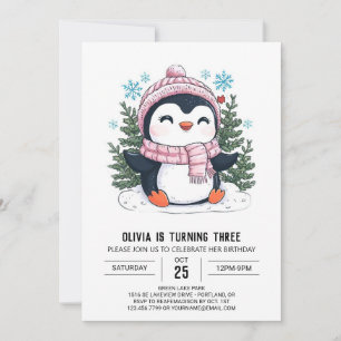 Dreamy Winter Penguin Digital Birthday Invitation