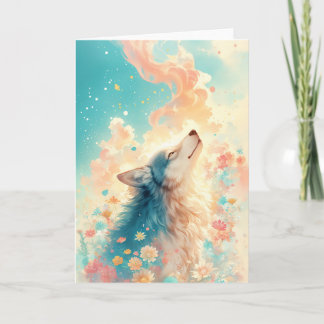 Dreamy Wolf Surrounded by Flowers Card