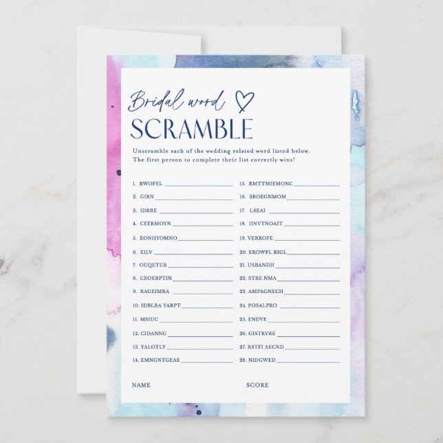 Dreamy Word Scramble Bridal Party Game Card (Front)