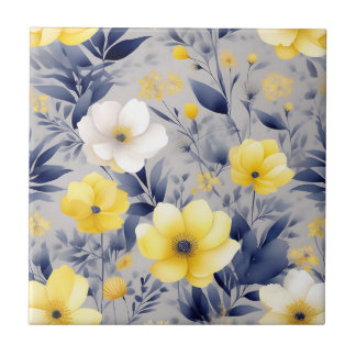 Dreamy Yellow and Gray Watercolor Floral Ceramic Tile