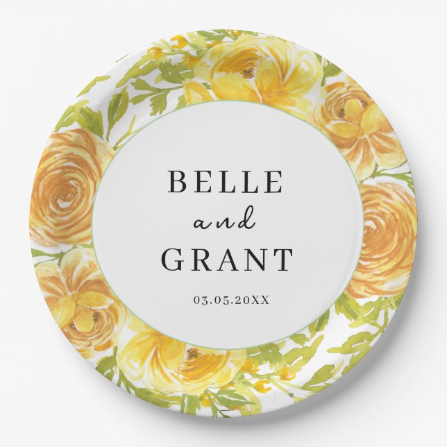 Dreamy Yellow Rose Wedding Paper Plates (Front)