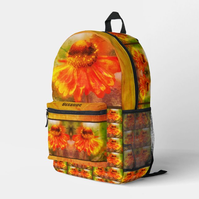 Dreamy Zinnia Flower Vintage Personalized Printed Backpack (Back Corner Right)
