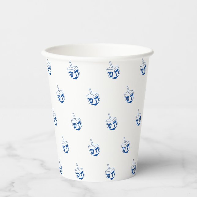 Dreidel blue and white pattern Hanukkah Paper Cups (Front)