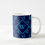 DREIDEL Happy Hanukkah Hebrew BLUE CYAN Monogram Coffee Mug<br><div class="desc">Stylish midnight navy blue COFFEE MUG to celebrate HANUKKAH. Navy and cyan blue color theme with all over cyan DREIDEL print. There is a customizable monogram on the front, and customizable placeholder text on the back which says חנוכה שמח (HAPPY HANUKKAH in Hebrew). This would make an ideal gift for...</div>