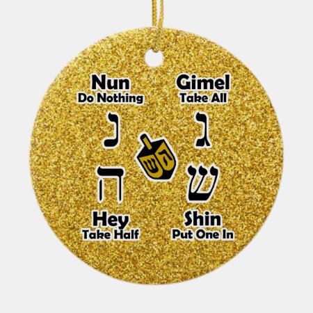 Dreidel Instructions Happy Hanukkah - Gold Glitter Ceramic Ornament