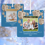 Dreidel Rustic Oak 2 Photo Double Sided Hanukkah Metal Ornament<br><div class="desc">Personalize these cute 2 photo Hanukkah ornaments with your pictures and text on each side. Double sided, these custom holiday ornaments feature 7 faux oak wood dreidels in various sizes across the top printed on a rich medium dark blue background. Your photo in the center of the ornament will appear...</div>