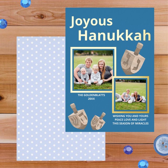 Dreidel Rustic Oak Blue 2 Photo Joyous Hanukkah Foil Holiday Card (Add a little elegance to your Hanukkah cards with real gold foil printing for luxury accents)