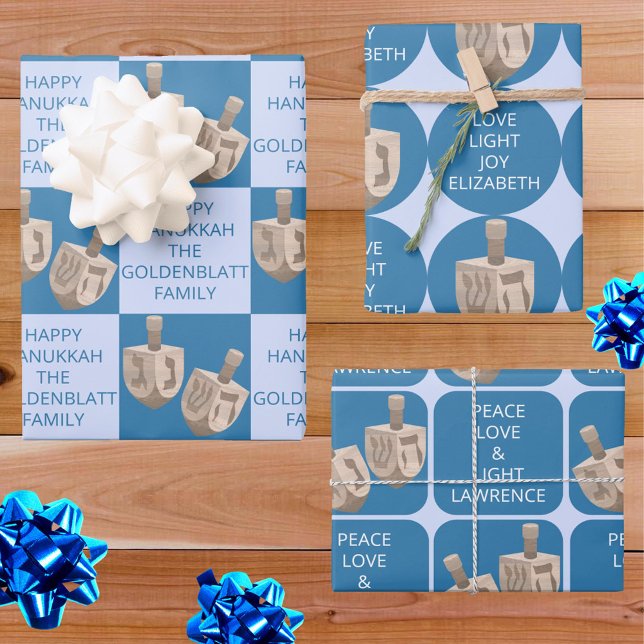 Dreidel Rustic Oak Cute Hanukkah Kids Name Wrapping Paper Sheets (Add separate names, or one name to all 3 designs, for one of a kind personalized Hanukkah gift wrap)