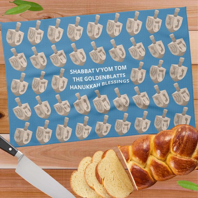 Dreidel Rustic Oak Hanukkah Custom Challah Cover Kitchen Towel (Add your name and custom text to this dreidel pattern Hanukkah kitchen towel or remove for no text)
