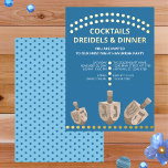 Dreidel Rustic Oak Modern Hanukkah Dinner Gold Foil Invitation<br><div class="desc">These Hanukkah dinner party invitations are made special with accents of real gold foil printing and your personalized text. Designed on a background of rich medium dark blue, the main theme is three rustic dreidels on the bottom in a faux oak wood graphic above a row of real foil polka...</div>
