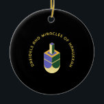 DREIDELS AND MIRACLES OF HANUKKAH CERAMIC ORNAMENT<br><div class="desc">This stylized illustration features a dreidel colored yellow, purple, and green against a stark black background. A curved gold text above it reads "DREIDELS AND MIRACLES OF HANUKKAH", highlighting the traditional toy and the spiritual celebration of the Jewish holiday. The design has a clean, geometric aesthetic with a touch of...</div>