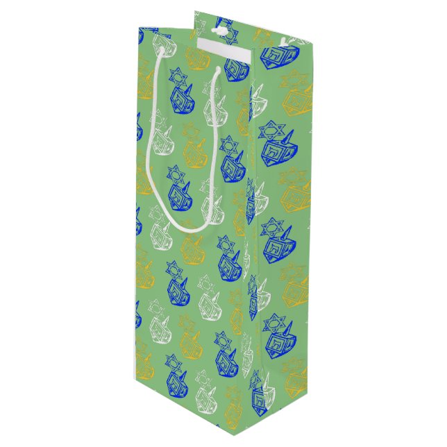 Dreidels + Stars Wine Gift Bag (Front Angled)