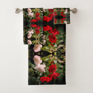 Drenched Red And White Roses Abstract Bath Towel Set