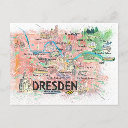 Dresden Saxony Germany Illustrated Map  Postcard