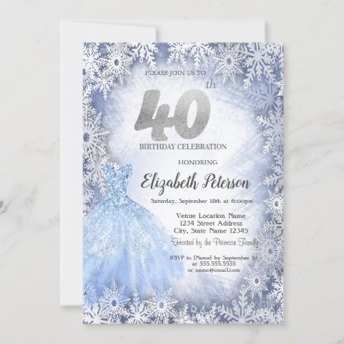 Dress Blue Snowflakes Winter 40th Birthday Invitation
