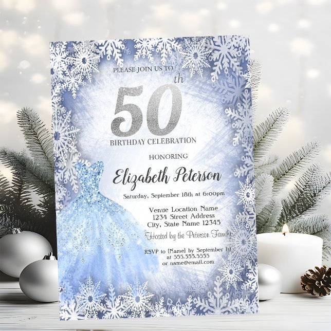 Dress Blue Snowflakes Winter 50th Birthday Invitation (Creator Uploaded)