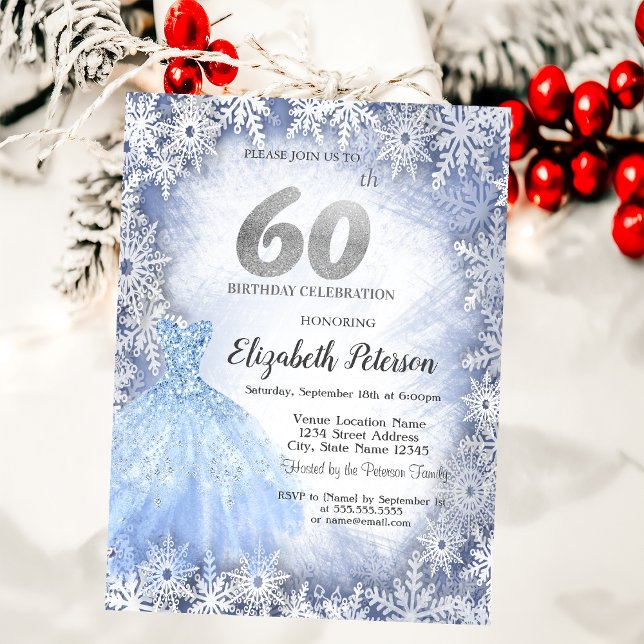 Dress Blue Snowflakes Winter 60th Birthday Invitation (Creator Uploaded)