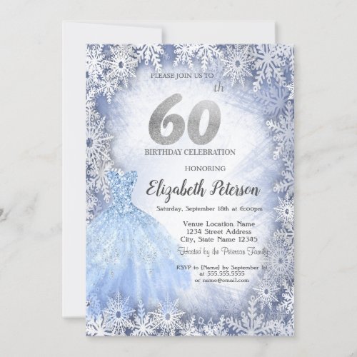 Dress Blue Snowflakes Winter 60th Birthday Invitation