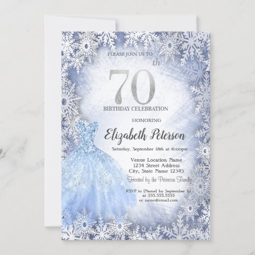 Dress Blue Snowflakes Winter 70th Birthday Invitation