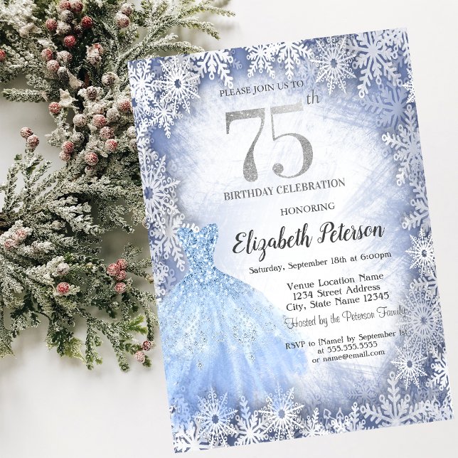 Dress Blue Snowflakes Winter 75th Birthday Invitation (Creator Uploaded)