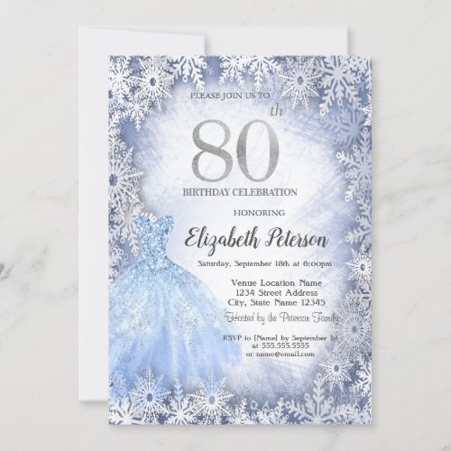 Dress Blue Snowflakes Winter 80th Birthday Invitation