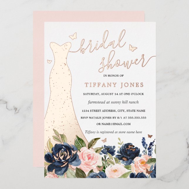 Dress Blush Floral Rose Gold Bridal Shower  Foil Invitation (Front/Back)