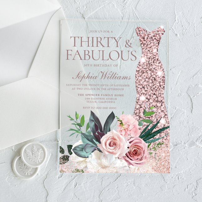 Dress & Blush Floral Womans 30th Birthday Party Acrylic Invitations (Creator Uploaded)