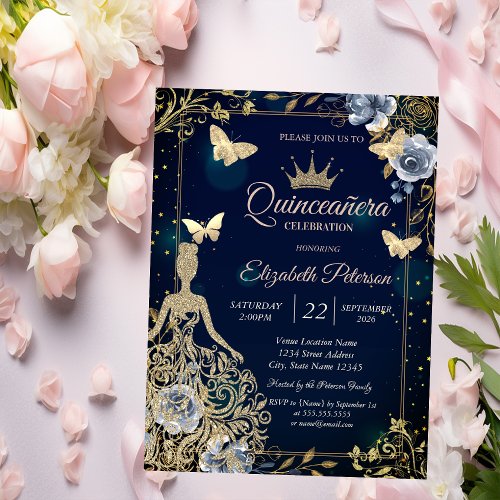 Dress,Butterfllies Navy Blue Flowers Quinceañera