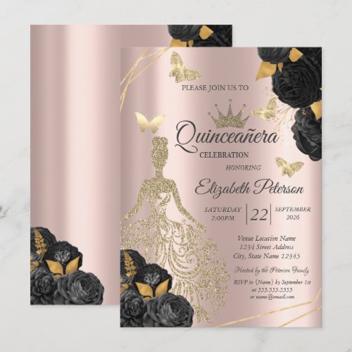 Dress,Butterfly Black Roses Rose Gold Quinceañera