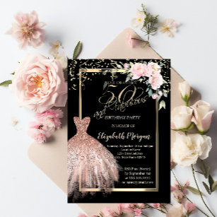 Dress,Confetti Flowers Rose Gold 50th Birthday Invitation