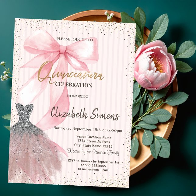Dress Confetti,Pink Bow Striped  Invitation (Creator Uploaded)