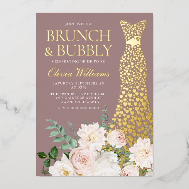Dress & Flowers Brunch & Bubbly Bridal Shower Gold Foil Invitation (Front)