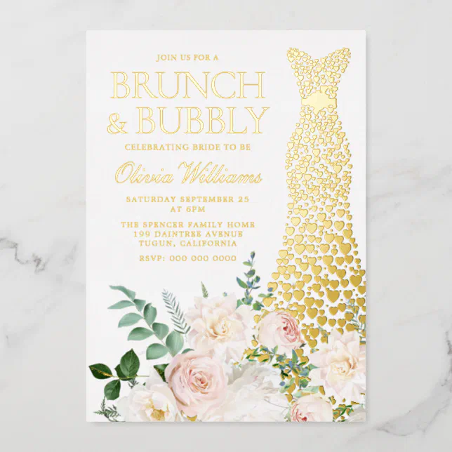 Dress And Flowers Brunch And Bubbly Bridal Shower Gold Foil Invitation Zazzle 6687