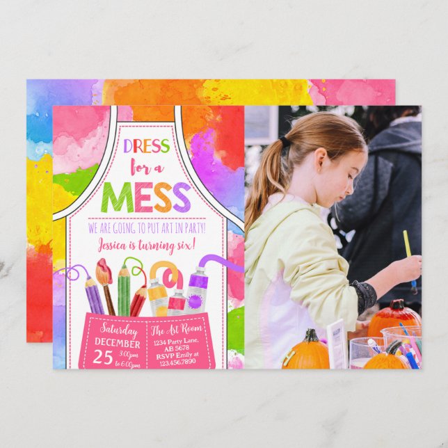 Dress For A Mess Art Birthday Photo Invitation (Front/Back)