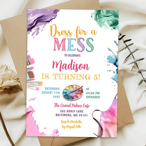 Dress For A Mess Colorful Art Paint Birthday Party Invitation