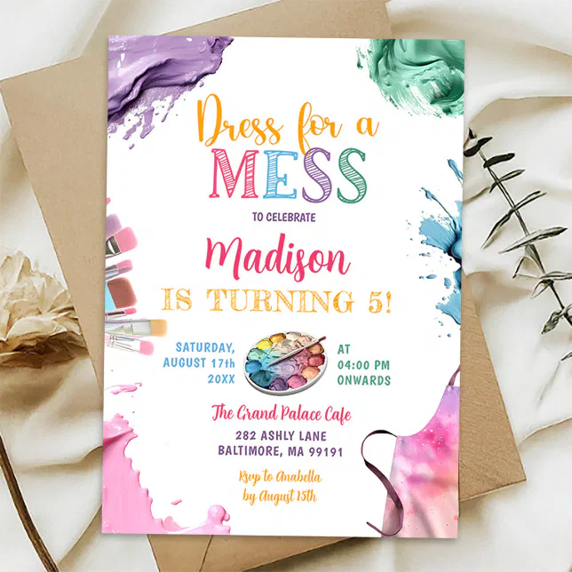 Dress For A Mess Colorful Art Paint Birthday Party Invitation Zazzle